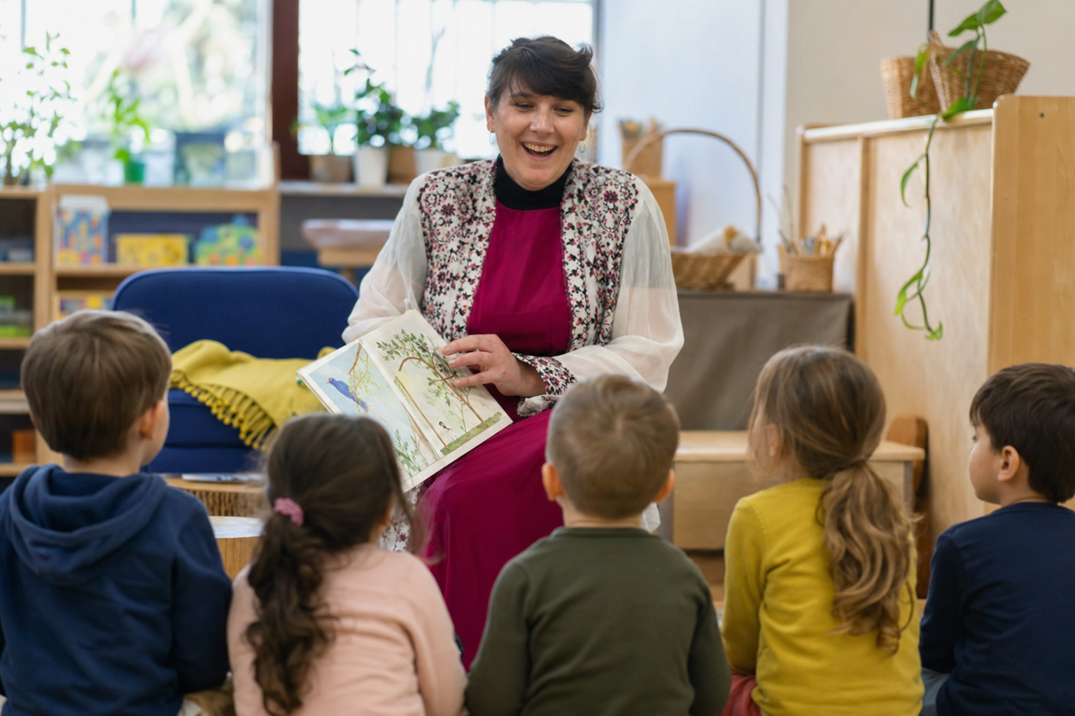 Elena Zidar reading a story to a group of young children